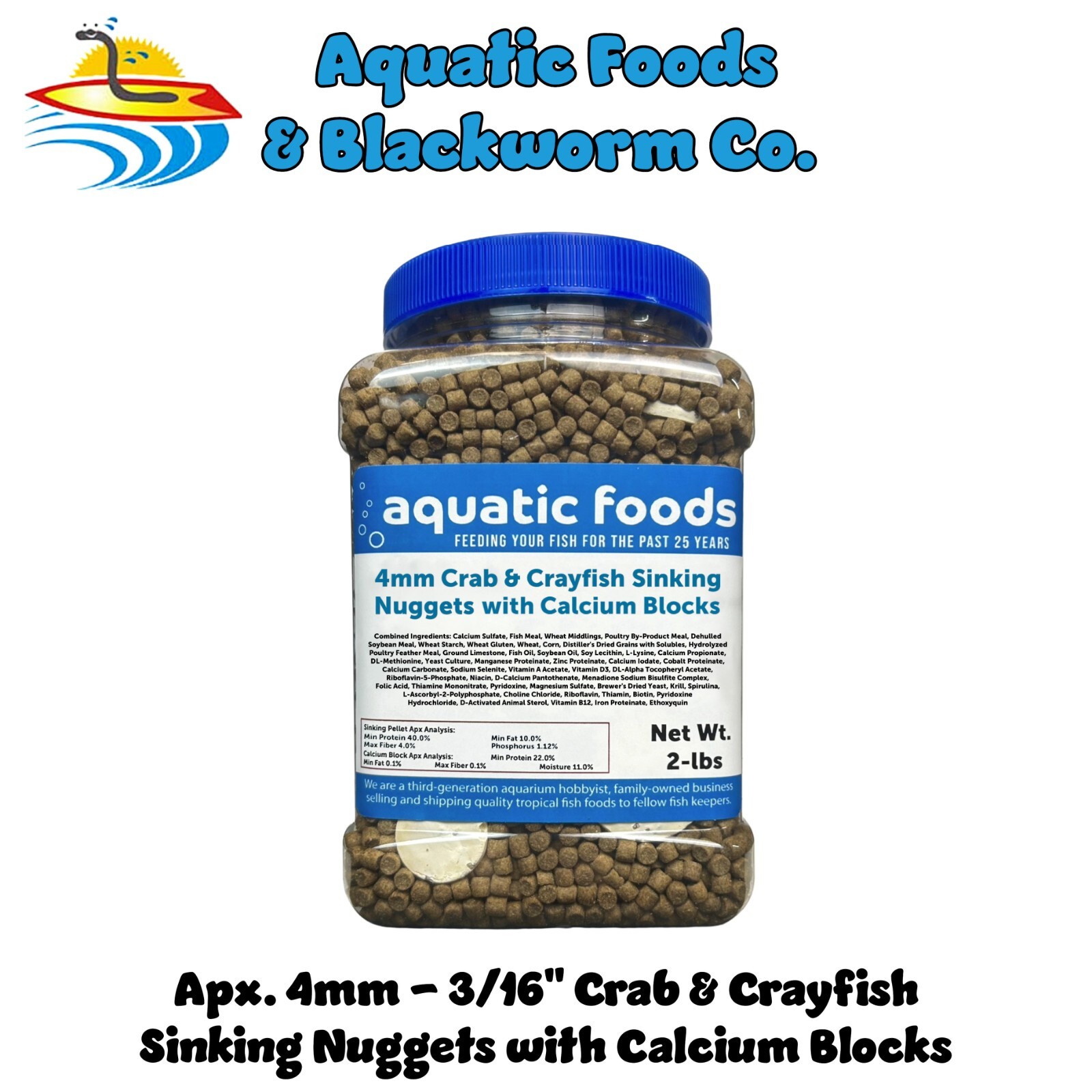 Crab & Crayfish, 4mm-3/16" Sinking 40% Protein Nuggets With Calcium Feeders for Crabs & Crayfish, Snails, Shrimp, All Tropical Fish 2-lbs Jar