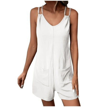 Shorts Rompers for Women Double Spaghetti Strap Bodysuit Solid Color V-Neck Casual Loose Overalls