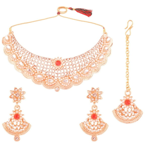 Efulgenz Indian Jewelry Set Traditional Antique Simulated Color Stone Tear Drop Shape Faux Pearl Drop Bridal Choker Necklace Earrings Wedding Jewelry Set for Women