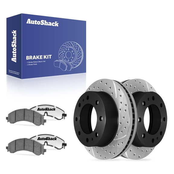 AutoShack Rear Vented Drilled & Slotted E-Coated Brake Rotors   Ceramic Pads 6-PC Brake Kit Replacement for 2020-2025 Chevrolet Silverado 2500 HD ShadowGuard 14.17" (359.8 mm)