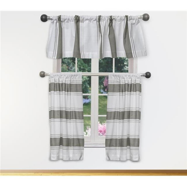 Accueil Maison NAMI 15293D12 Tier & Valance Set - Rideaux de Fenêtre - Rayure - Blanc & Gris