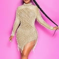 thumbnail image 4 of Lilgiuy Women's Nightclub Net Yarn Perspective Hot Drilling Fringe Round Neck Long Sleeve Dress Beige 2022 Fall Winter, 4 of 5