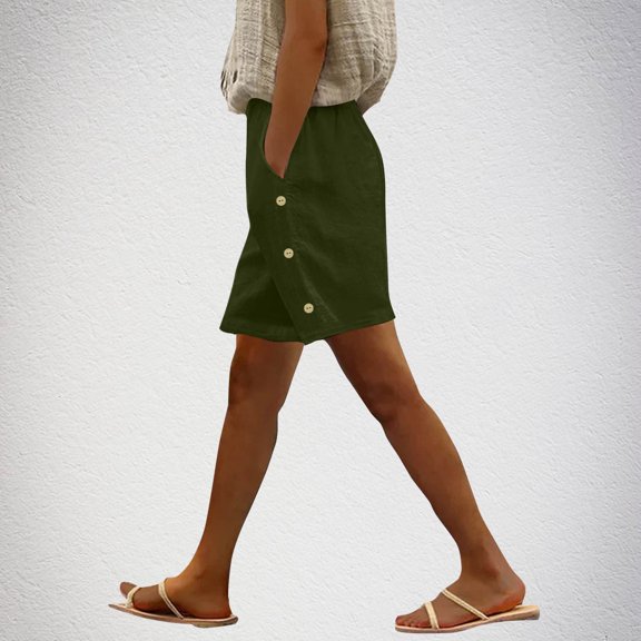 Juslio Shorts for Women Casual Breathable, Linen Button Sporty Elastic Waist with Pockets Army Green Shorts