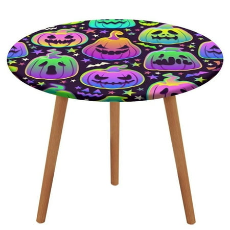 

Bybiment Round Fitted Tablecloth with Elastic Edge Neon Pattern Halloween Pumpkins Decorative Tablecloth Table Cover 51 Inch