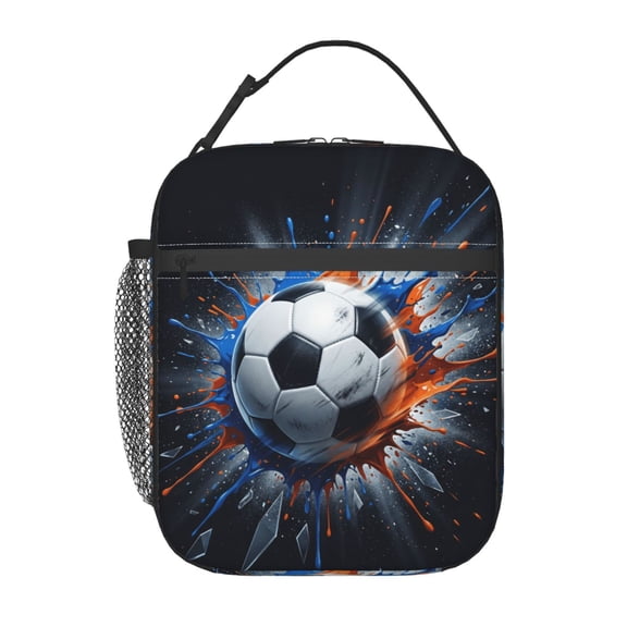 Soccer Lunch Bag Graffiti Pattern Insulated Hot Cold Lunch Bag Reusable Lunch Box With Buckle Handle & Mesh Side Pocket For Work Office Gym Travel