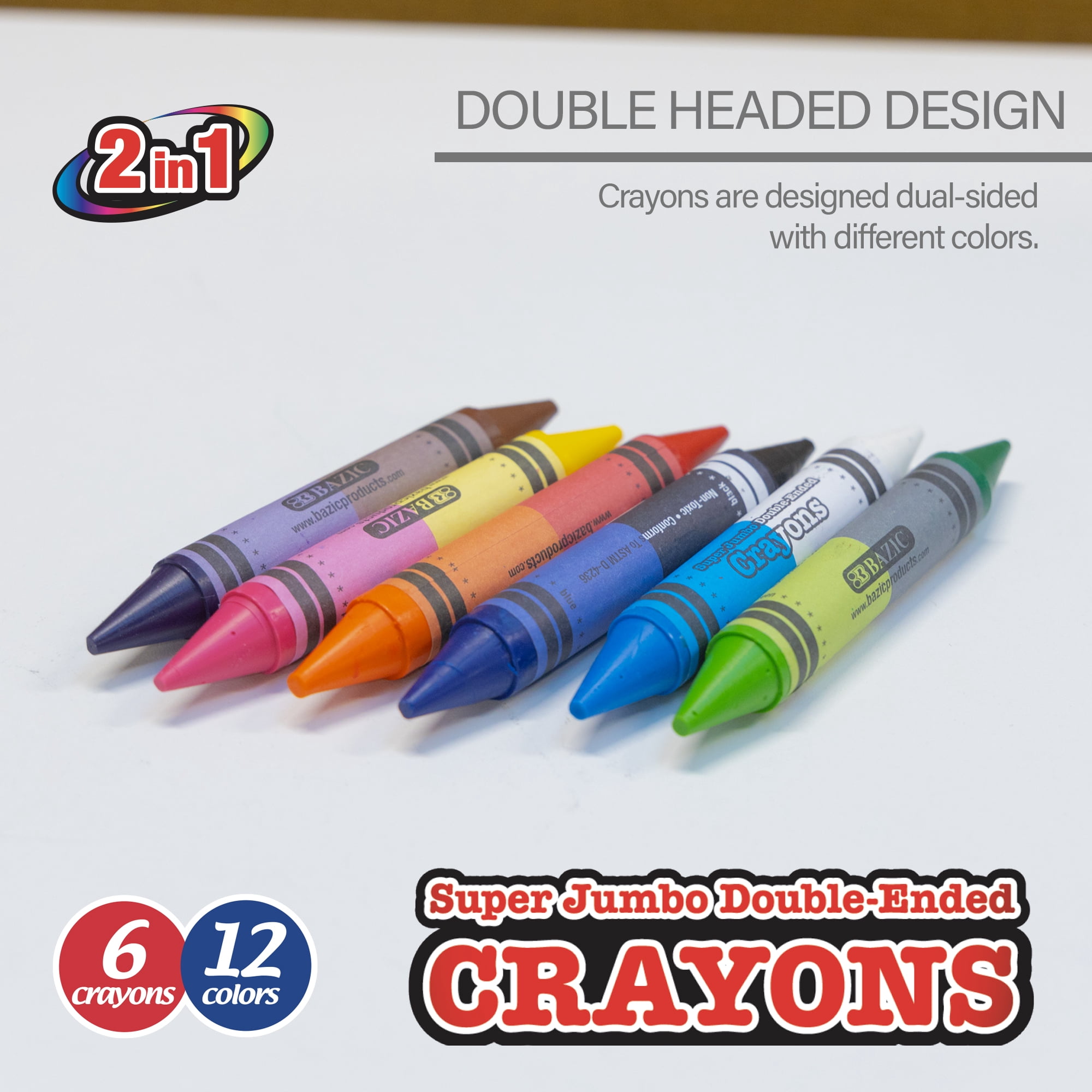 BAZIC Dual Sided Super Jumbo Crayons Premium 12 Colors, Non Toxic Drawing Crayons, Gift for Student, 24-Pack