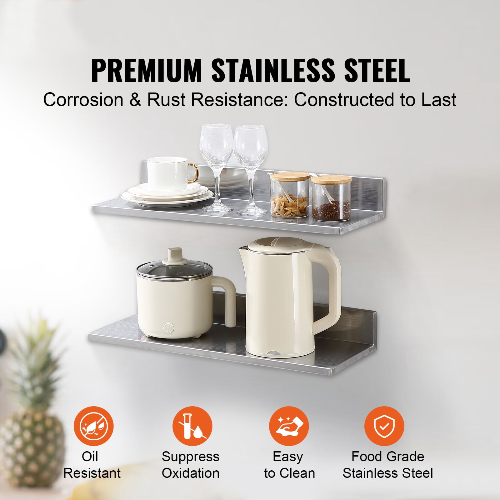 KFFKFF 8.6" x 24" Stainless Steel Wall Shelf 2 Pcs, Floating Shelf with Backsplash, 44 lbs Load Capacity, Durable Storage Rack for Kitchen, Restaurant, Bar, Home, and Hotel Use