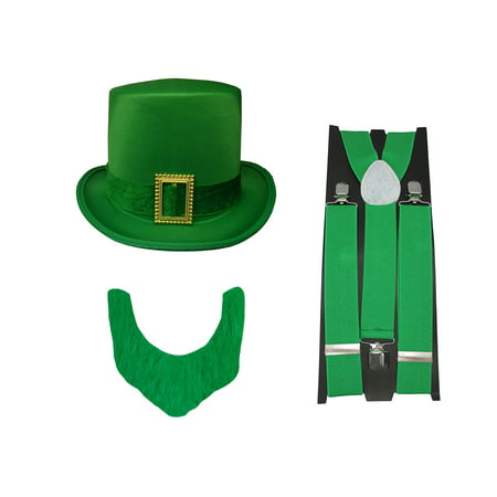 St. Patricks Day Leprechaun Top Hat Buckle Green Beard Suspenders Accessory Set