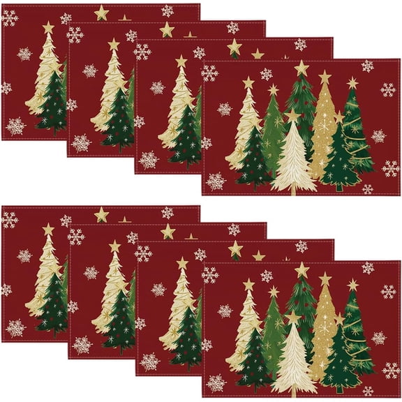Xmas Trees Snowflakes Winter Placemats Set of 8, 12x18 Inch Seasonal Red Christmas Table Mats for Party Kitchen Dining Decoration