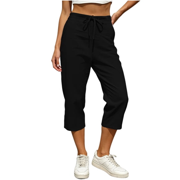 Scyoekwg Women's Sweatpants Comfy Casual Solid Color Ladies Sweatpants Cotton Linen Elastic Waist Straight Leg Pants With Pockets Loose Trousers Black,XXL