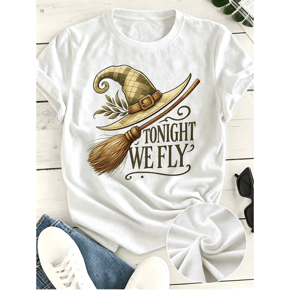 Tonight We Fly Witch Hat Broom Graphic T-Shirt, Retro Halloween Fall Casual Crewneck Tee For Women