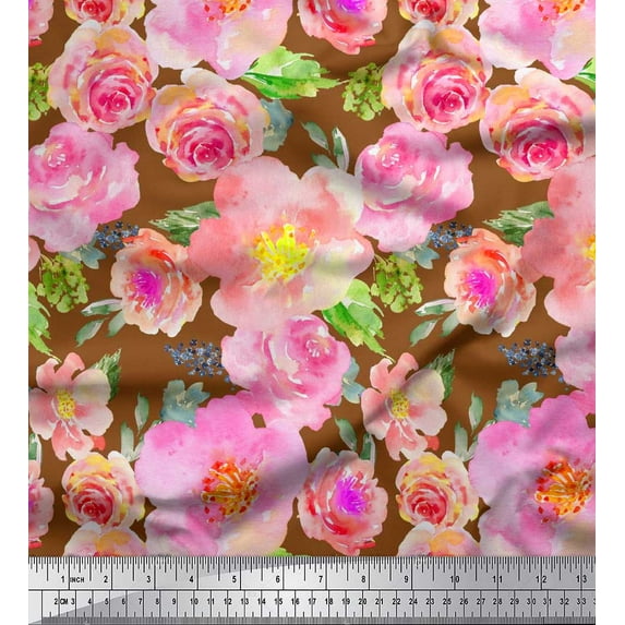 Soimoi Brown Rayon Fabric Leaves,Pink & Peach Rose Watercolor Print Fabric by Yard 42 Inch Wide