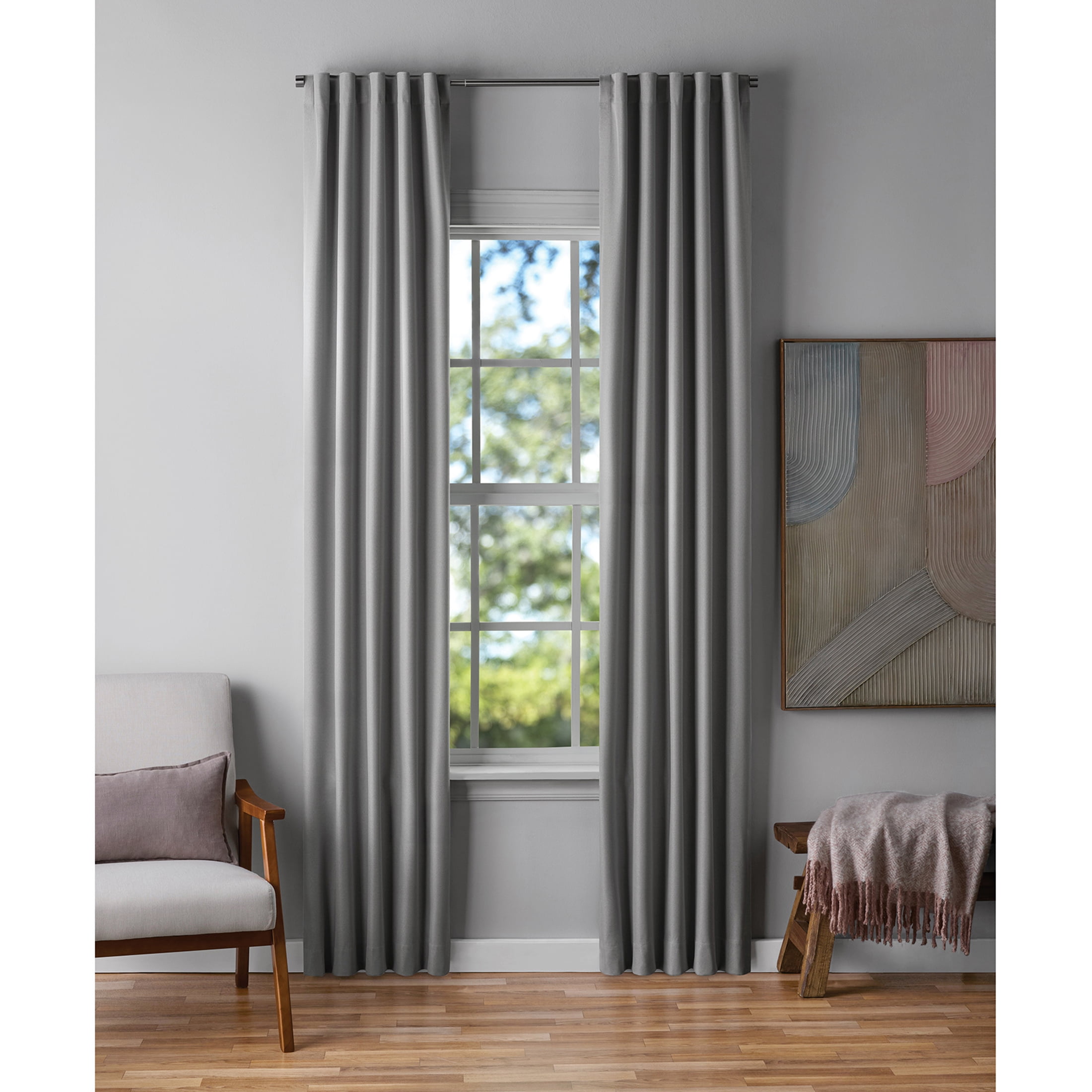 Mainstays Gray Solid Blackout Rod Pocket with Back Tabs Curtain Panel Pair, Set of 2, 30" W x 95" L
