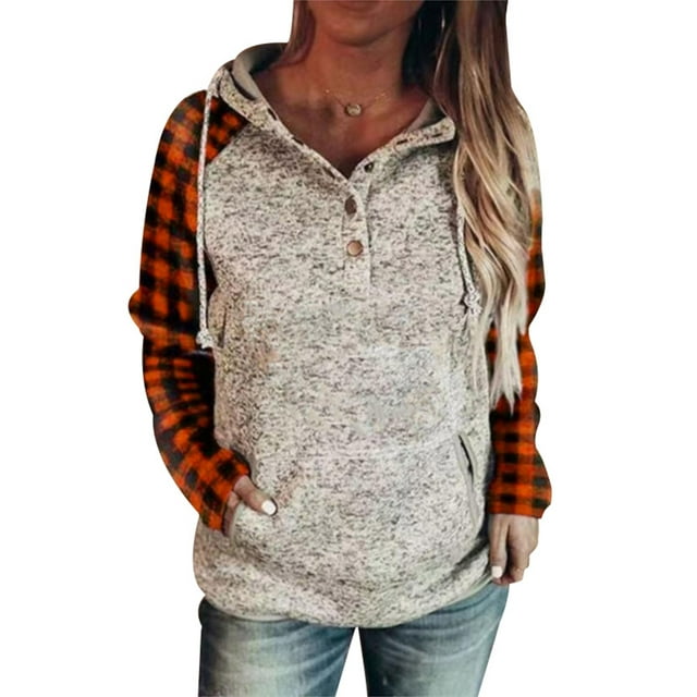 Chandails à Capuchon pour Femmes Décontractés Amples à Carreaux Buffalo Chandails à Capuchon Dames Rétro à Carreaux Raglan avec Poches à Cordon Sweat à Capuche Pull