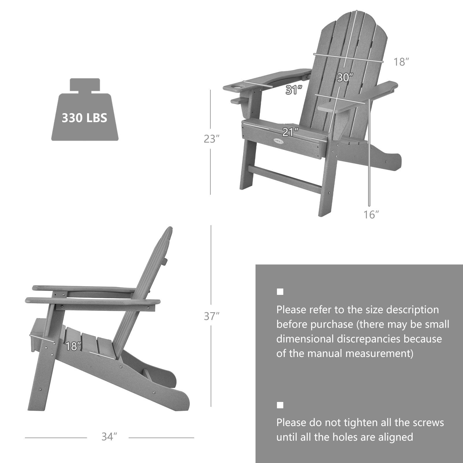 Patiojoy 2PCS Adirondack Chair Outdoor with Cup Holde Weather Resistant Lounger Chair for Backyard Garden Patio and Deck Grey