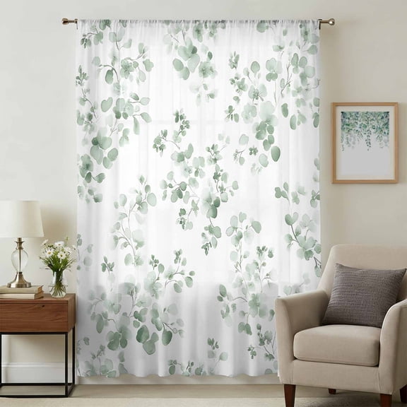 Tropical Foliage Sheer Curtains 84 Inches Long, Sage Green Botanical Spring Foliage Light Filering Curtains, Breathable Simi Curtain Privacy Drapes for Living Room Bedroom Window Treatment