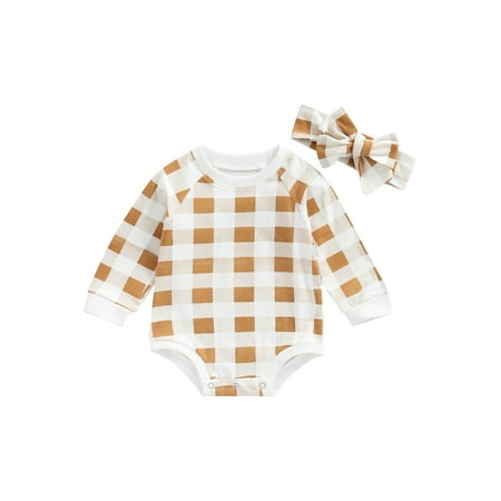 

Nokpsedcb Toddler Baby Boy Girl Romper Plaid Pullover Bodysuit Long Sleeve Jumpsuit with Headband Outfit Fall Winter Clothes Brown Orange 9-12 Months