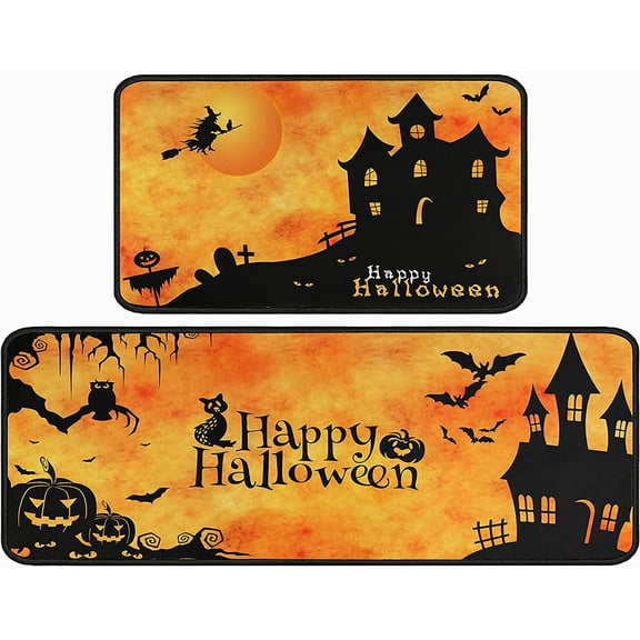 Halloween Kitchen Decor Rug Set of 2, Witch, Pumpkin Kitchen Rugs and Mats Non Skid Washable 17"x47" 17" x23"
