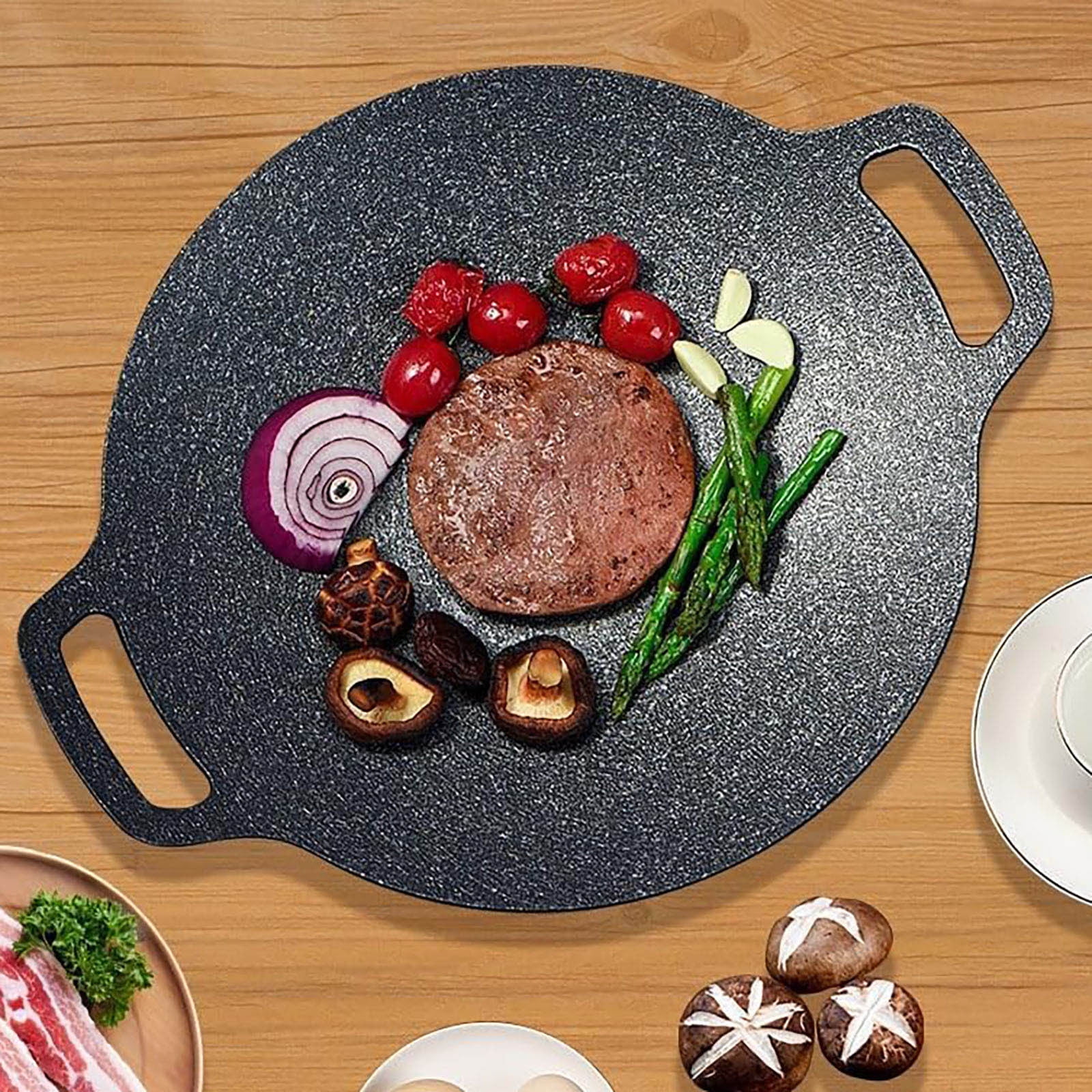 Non-Stick Round Cast Iron Grill Pan – Korean BBQ Griddle for Indoor/Outdoor Cooking, Baking & Camping, Heavy-Duty & Multi-Functional
