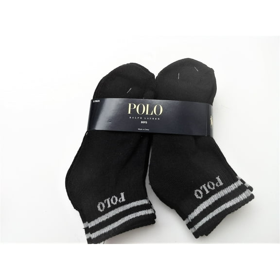 Polo Ralph Lauren Boy's 6 Pairs/Pack Quarter Socks, Size 4-7, Black