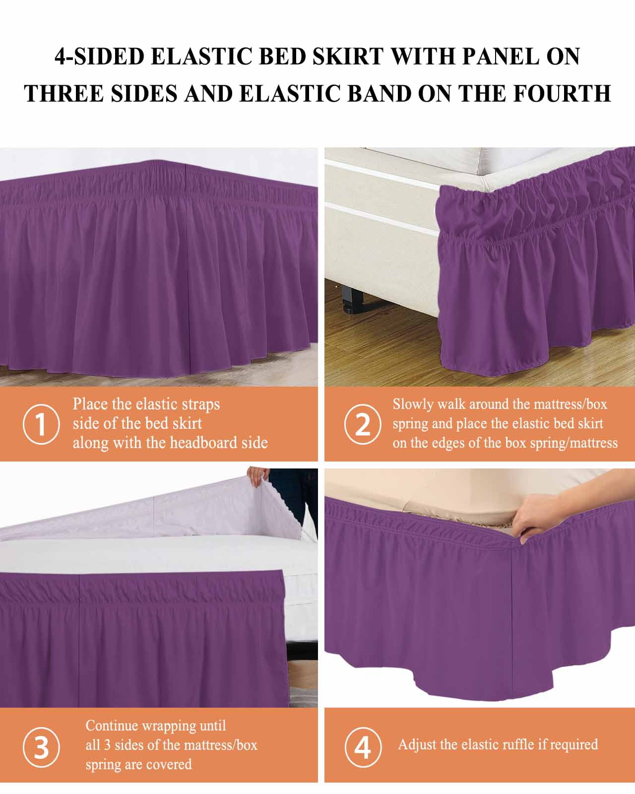 Purple Ruffle Bed Skirt Queen Size Simple Background Modern Solid Color Monochrome Adjustable Elastic Dust Bed Skirts Wrap Around Bedskirt Wrinkle Free Easy Fit with 18 Inch Drop