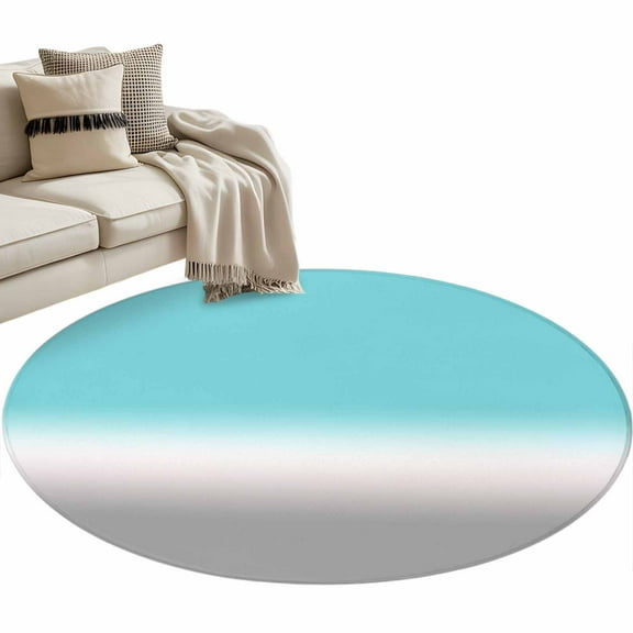 Teal White Grey Ombre Round Area Rug 4 FT, Non Slip Indoor Outdoor Rug, Blue Modern Abstract Aesthetics Washable Soft Circular Carpet Non-Shedding Floor Mat for Coffee Table Nursery Foyer Balcony