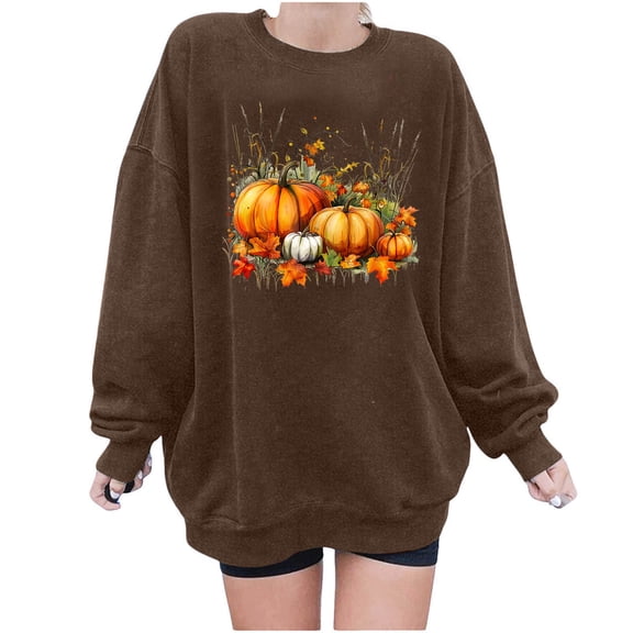 Risckoth Women's Fall Sweatshirt Pumpkin Harvest Print Crew Neck Drop Shoulder Hoodless Casual Pullover S-2XL