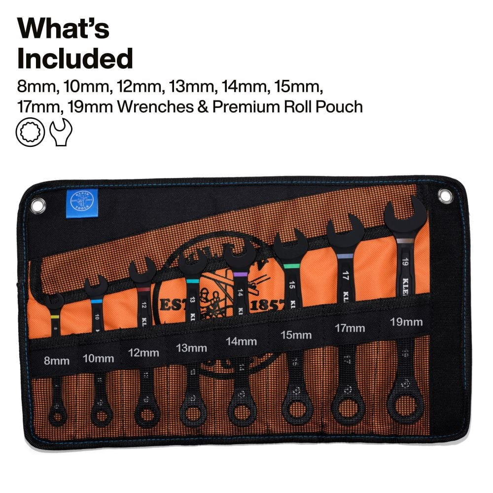 Klein Tools Ratcheting Combination Wrench Set Metric 8 Pieces