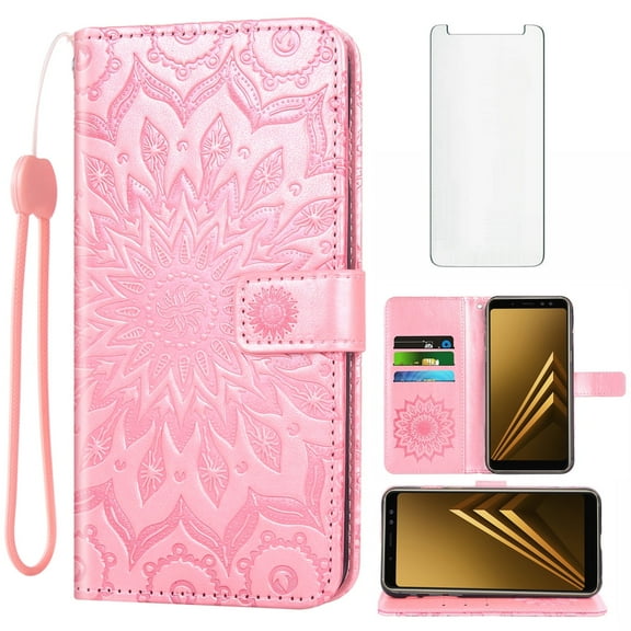 Compatible with Samsung Galaxy A8 2018 Wallet Phone Case and Tempered Glass Screen Protector Flip Credit Card Holder Stand Mandala Flower Cell Cover for 8A 2018 A530W SM-A530W Women Men Pink