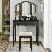 Vanity Table, Vanity Set with Cushioned Stool 5 Drawers, Makeup Dressing Table with Tri-Folding Mirror and 8 Necklace Hooks Black