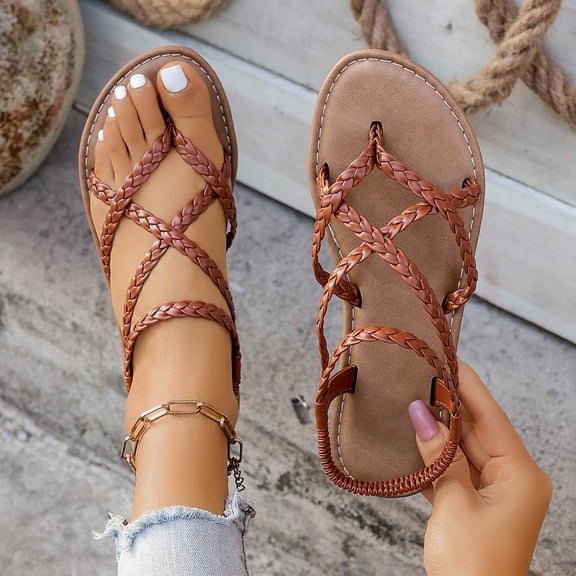 Women's Sandals Fashionable Casual Outerwear Versatile Plus Size Round Toe Open Toe Flat Woven with Elastic Back Sandals 41(8.5)