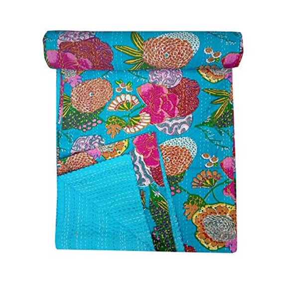Indian Handmade Cotton Turquoise Fruit Print Kantha Quilt Tribal Bed Cover Bedspread Blanket Picnic Throw Floral Coverlet 90x108 Inches Kantha Quilt