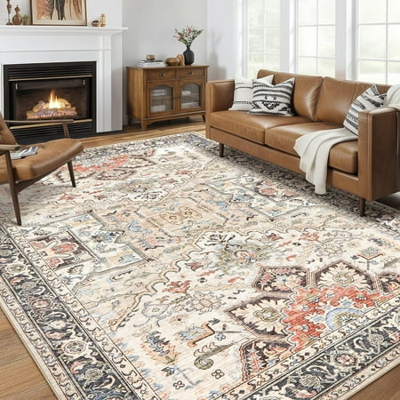 9x12 Area Rug Living Room Rugs - Soft Machine Washable Oriental Vintage Floral Distressed Rug Large Indoor Floor Carpet for Bedroom Under Dining Table Home Office Decor-Multi