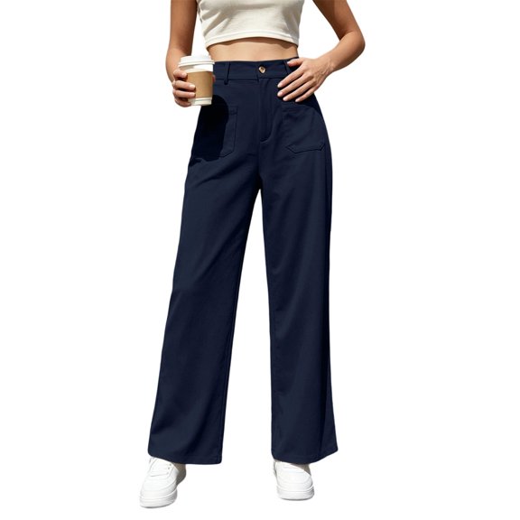 MXUIKV Pants for Women Casual Loose Fitted Straight Leg High Waist Trousers with Pockets Solid Color(X-Large,Navy)