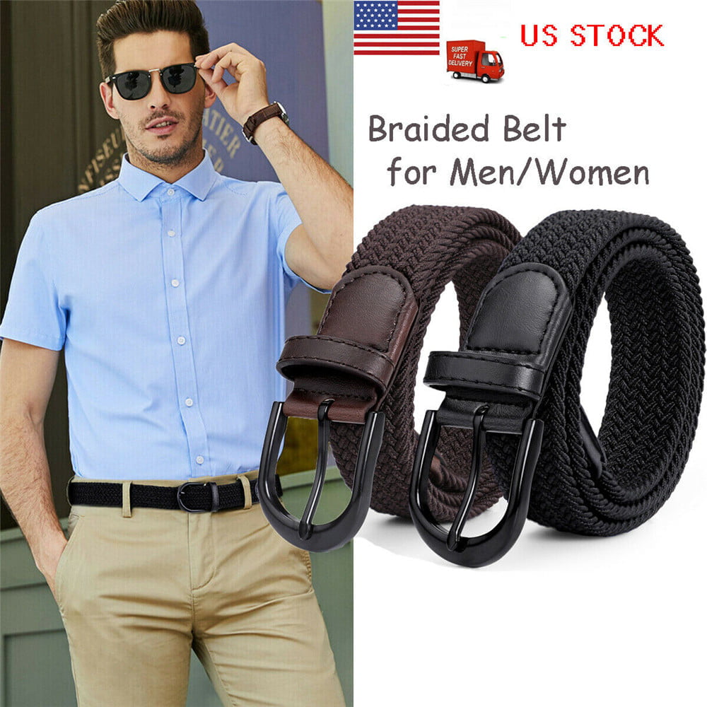 High-end Christmas gifts Fashion Men Elastic Stretch Woven Canvas Leather Pin Buckle Waist Belt khaki Blue 8 Colors 