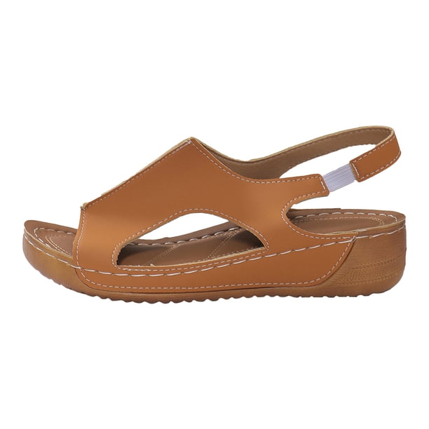 Bmisegm Ladies Summer Retro Pure Colour Leather Slope Heel Thick Bottom Large Size Set Foot Fish Mouth Sandals Womens Sandals Summer Brown 7