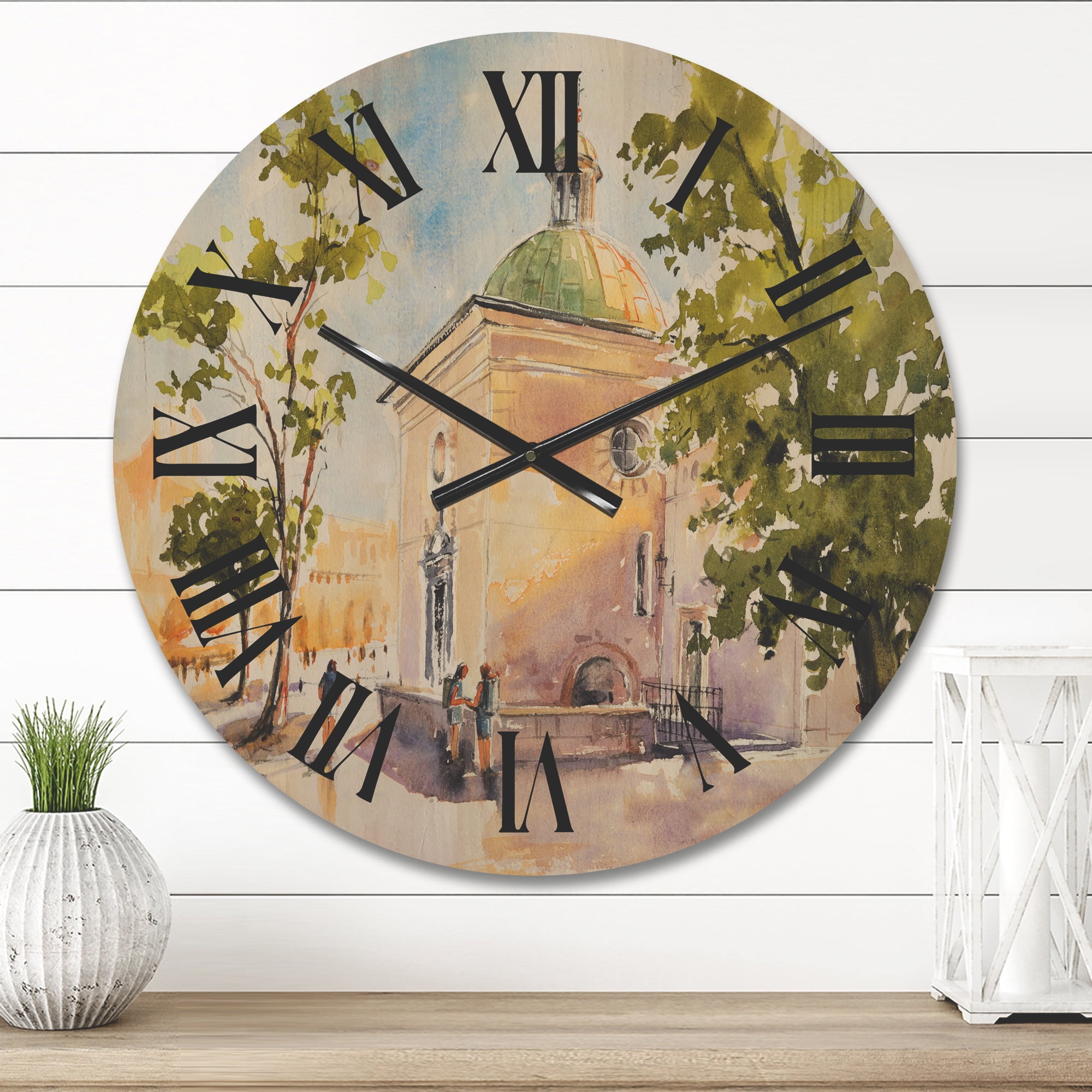 Designart 'People At Rustic Church In The Village' Country Wood Wall Clock