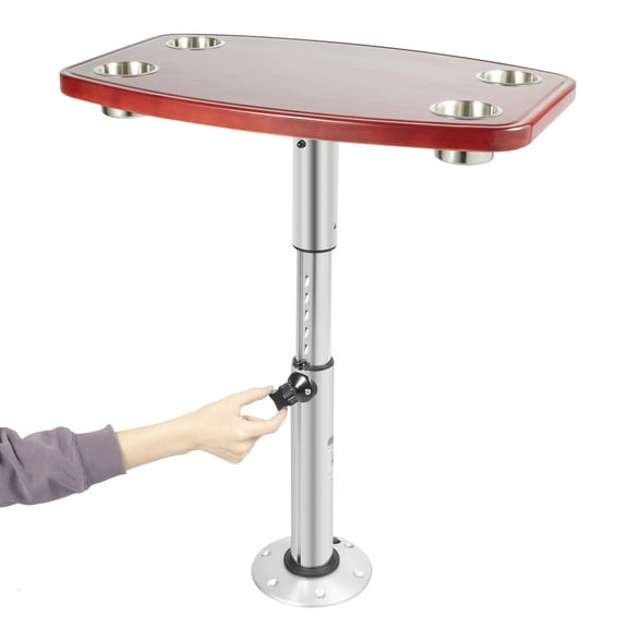 ToppiJoy 22-28" Adjustable Height Boat Table, RV Boats Marine Caravan Table with 4 Cup Holders, Removable Top Stand Tables Base, Rectangle Varnished Oak Pedestal for Caravan Marine Pontoon