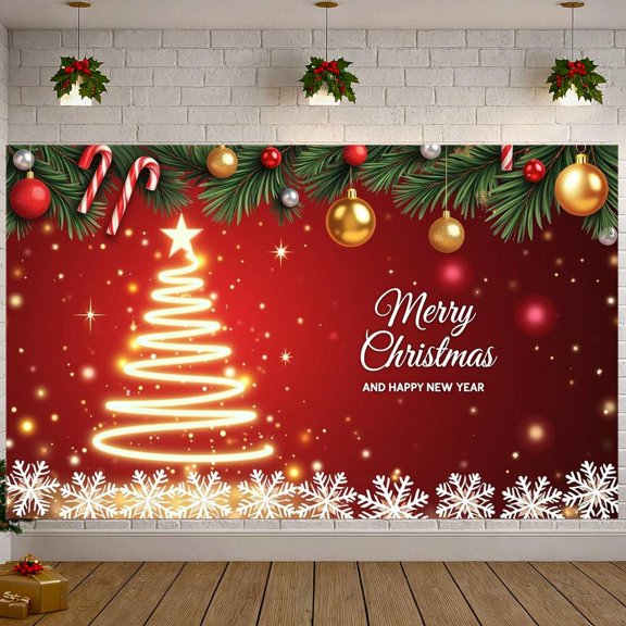 Red Background Christmas Banner Lighted Christmas Tree New Year Banner Gold Ornaments Candy Cane Holiday Banner for Christmas Party New Year Celebration Family Gathering