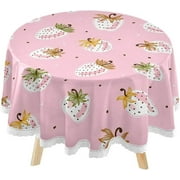 SKYSONIC Cute Strawberries Round Tablecloth 60inch Indoor Wrinkle Free, Pink White Circular Lace Table Cover Washable for Kitchen Party BBQ Dining Decor