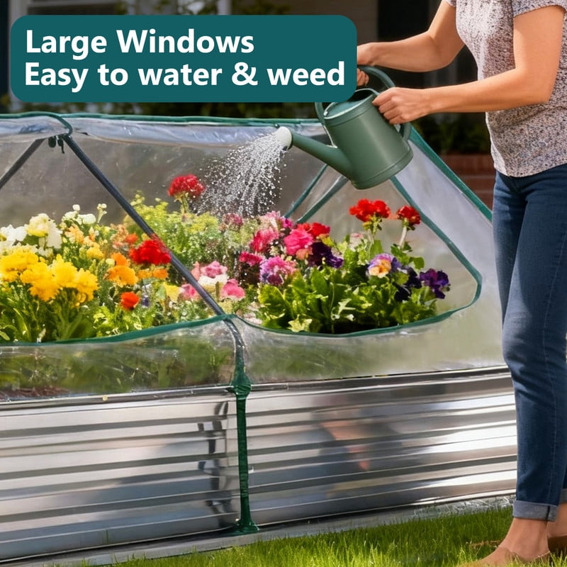 Gianna 8x4x1ft Galvanized Raised Garden Bed with Cover, Planter Box Outdoor for Deep-Rooted Herbs/Flowers/Vegetables, Large Metal Garden Bed Mini Greenhouse for Patio and Backyard