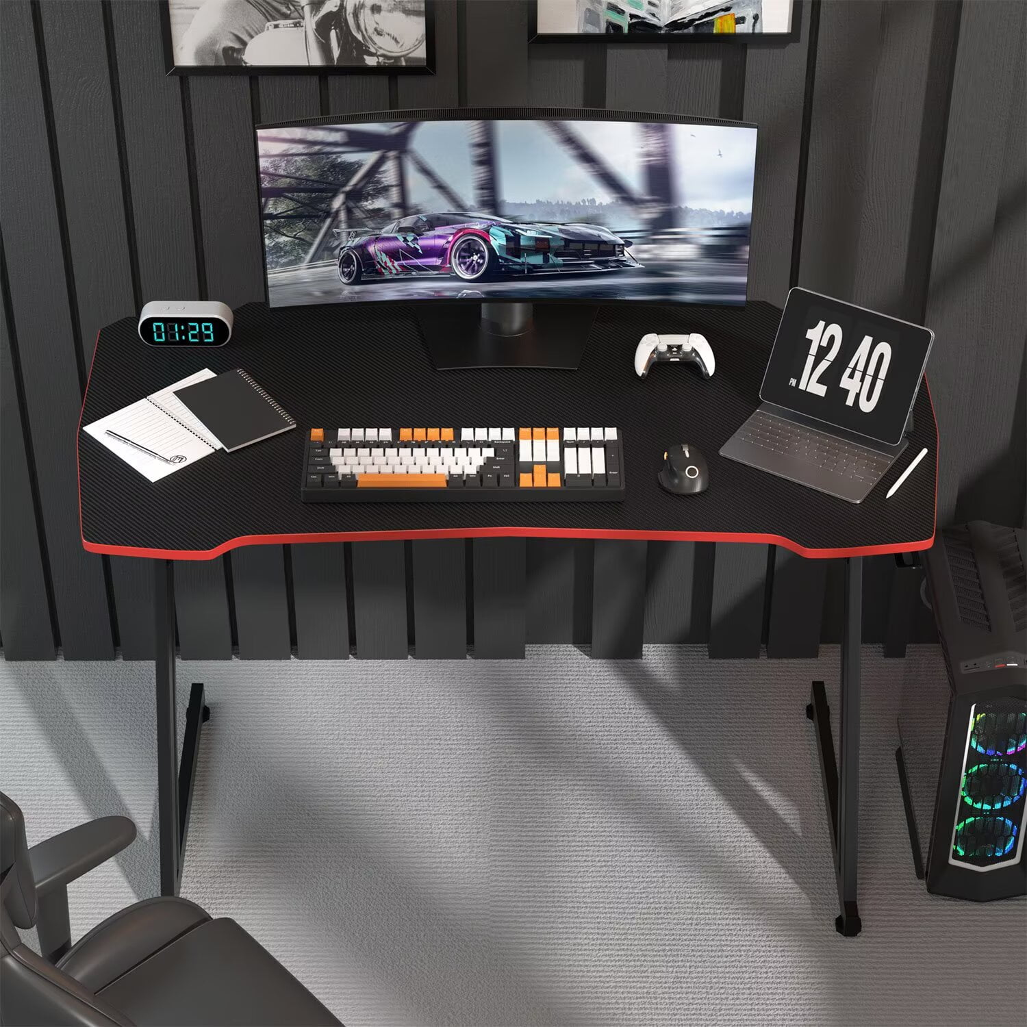 YRLLENSDAN,Gaming Computer Desks,Gaming Pc Desk,Computer Table Desk,Headphone Hook,Z-Shaped Steel Leg,47 Inch,Blue and Red