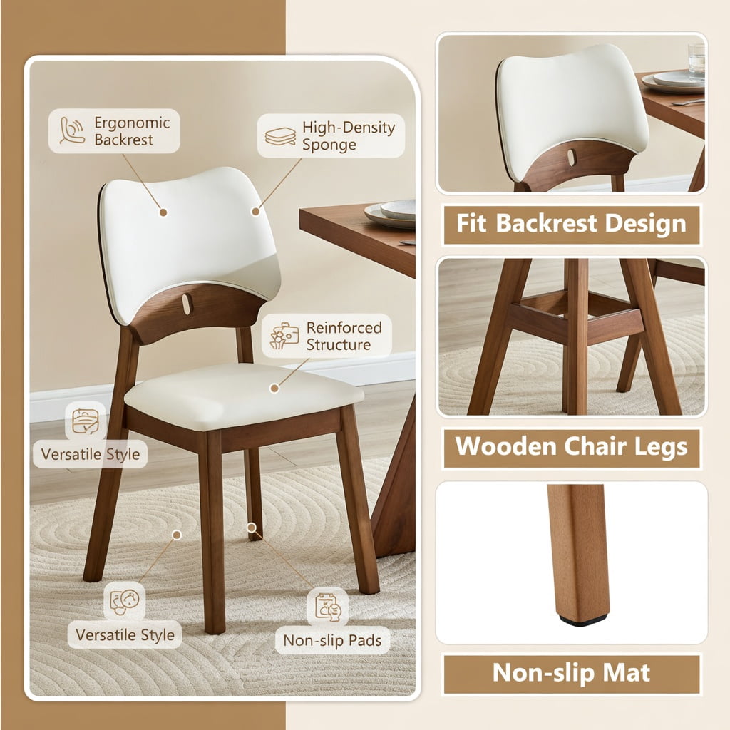 Hommoo 2-Pack Solid Wood Dining Chairs with PU Upholstered Seat & Backrest, Ergonomic Hollowed-Back Design for Modern Home Dining, Beige & Walnut