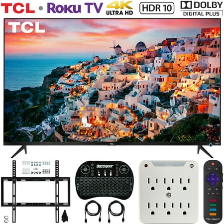 TCL 65S525 65-inch 5-Series Roku Smart HDR 4K UHD TV (2019) Bundle with Deco Mount Flat Wall Mount Kit, Deco Gear 2.4GHz Wireless Keyboard and 6-Outlet Surge Adapter with Night