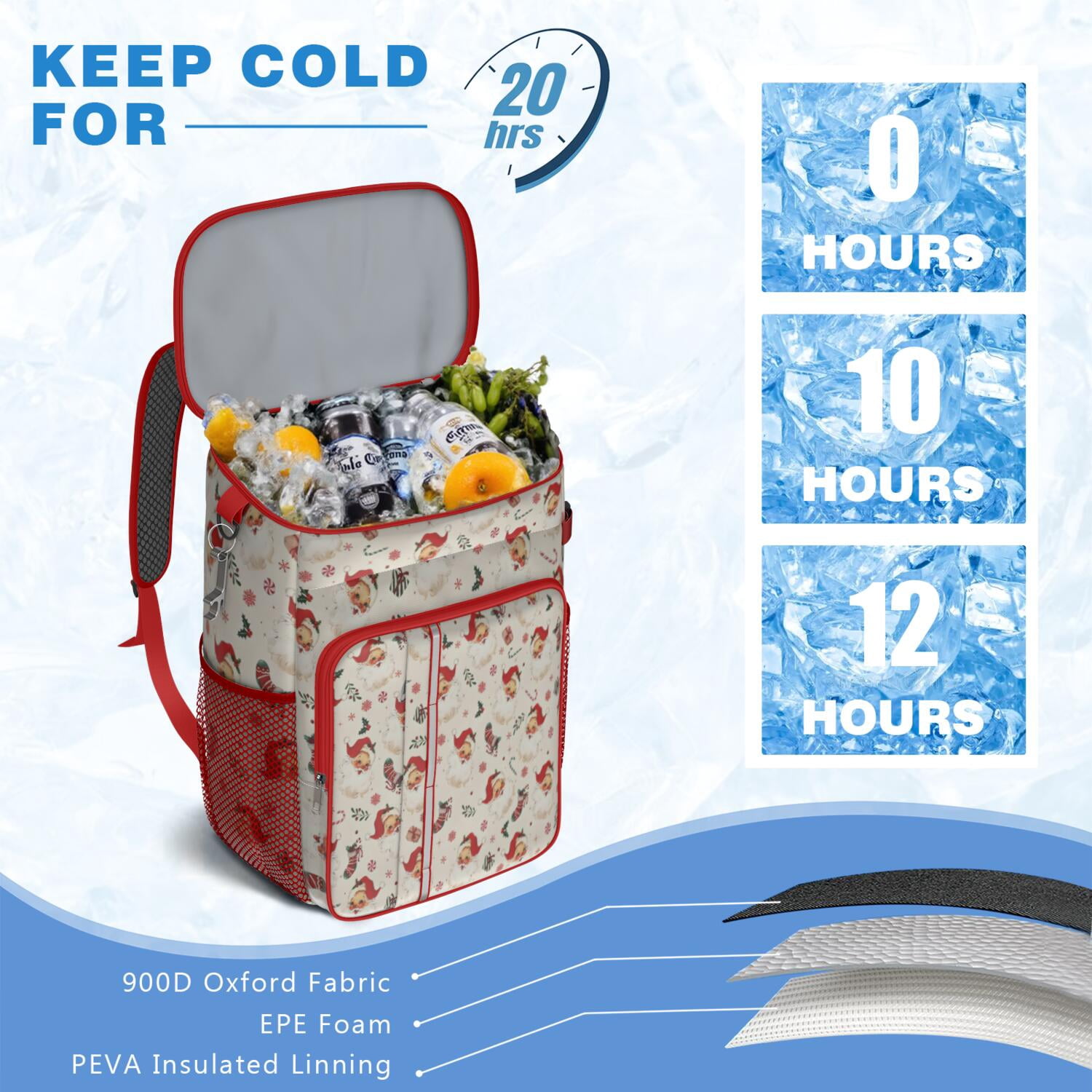 Travel Cooler Bag - Beige Christmas Santa Pattern Camping Beer Cooler Backpack with Bottle Opener- Waterproof Insulated Picnic Backpacks - Cooler Bag for Beach