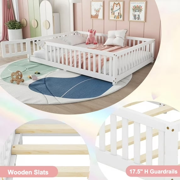Bellemave Floor Bed with Door and Fence, Full Floor Bed with Bed Slats Sturdy Wood Floor Bed Montessori Bed Frame, Full Size Floor Bed with Fence, White