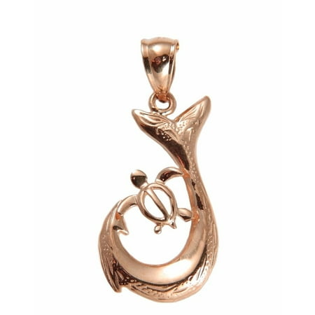 Hawaiian Jewelry - Solid 14k rose gold Hawaiian scroll fish hook honu turtle pendant