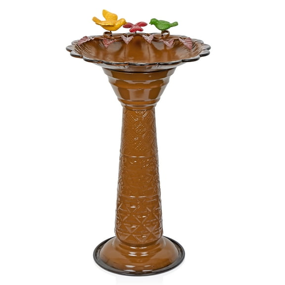 Metal Brown Birdbath with Birds and Leaves