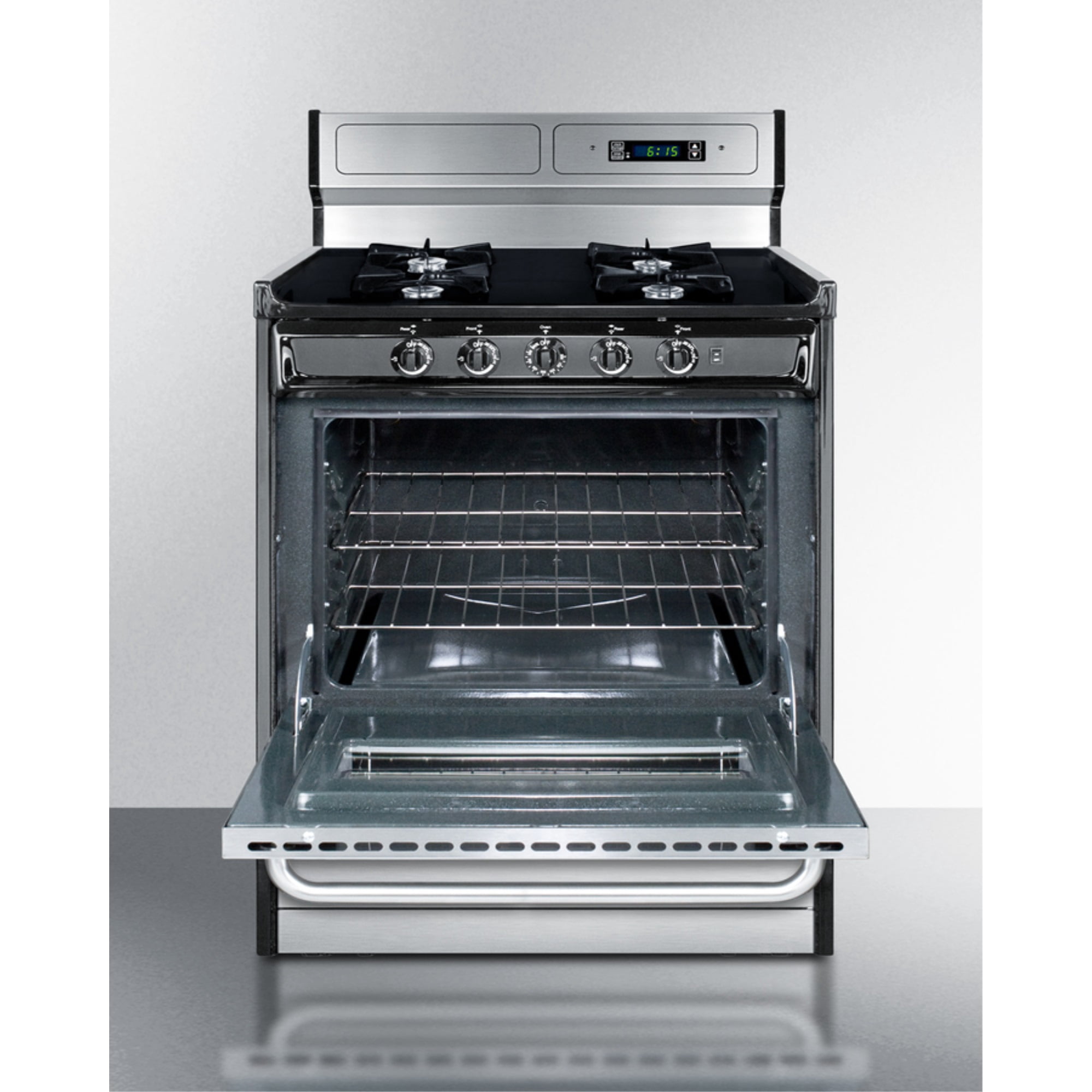 30" wide gas range in stainless steel, open burners and clock/timer on high backguard