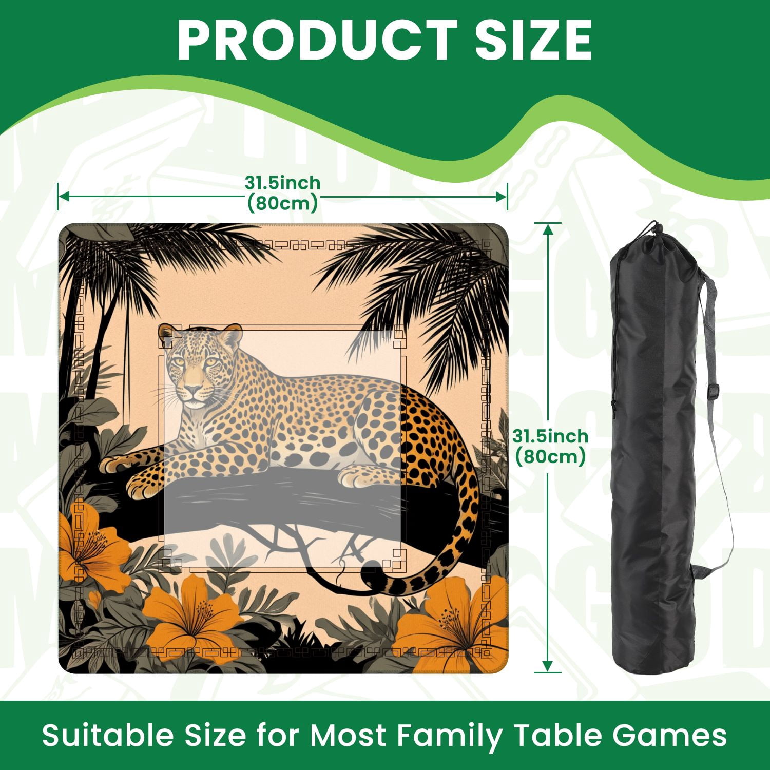 Mahjong Mat 31.5" x 31.5" Leopard Resting Tree Branch Tropical Jungle Orange Flowers Non-Slip Noise Reduction American Mahjong Tiles Table Cover for Dominoes Poker Card Board Games Gift
